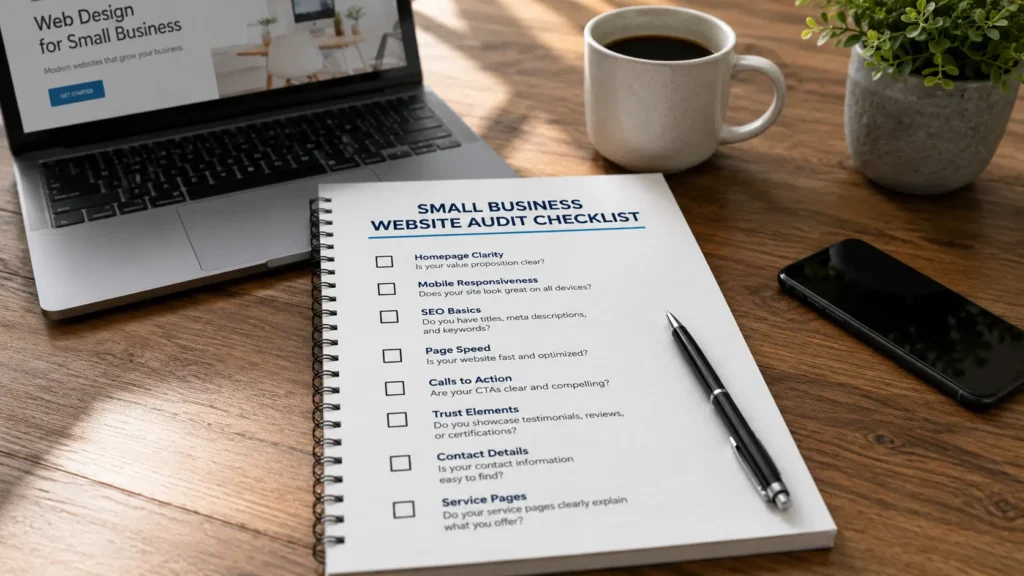 Small business website audit checklist on a desk for reviewing SEO, mobile design, page speed, trust, and lead generation.