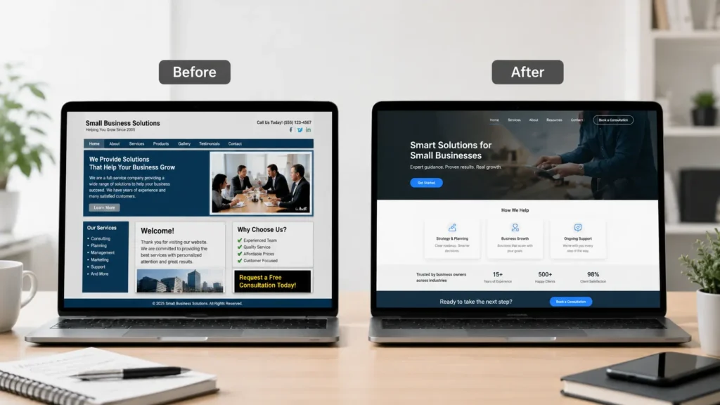 Before and after website redesign comparison showing how a website designer for US small business improves layout, trust, and lead generation.