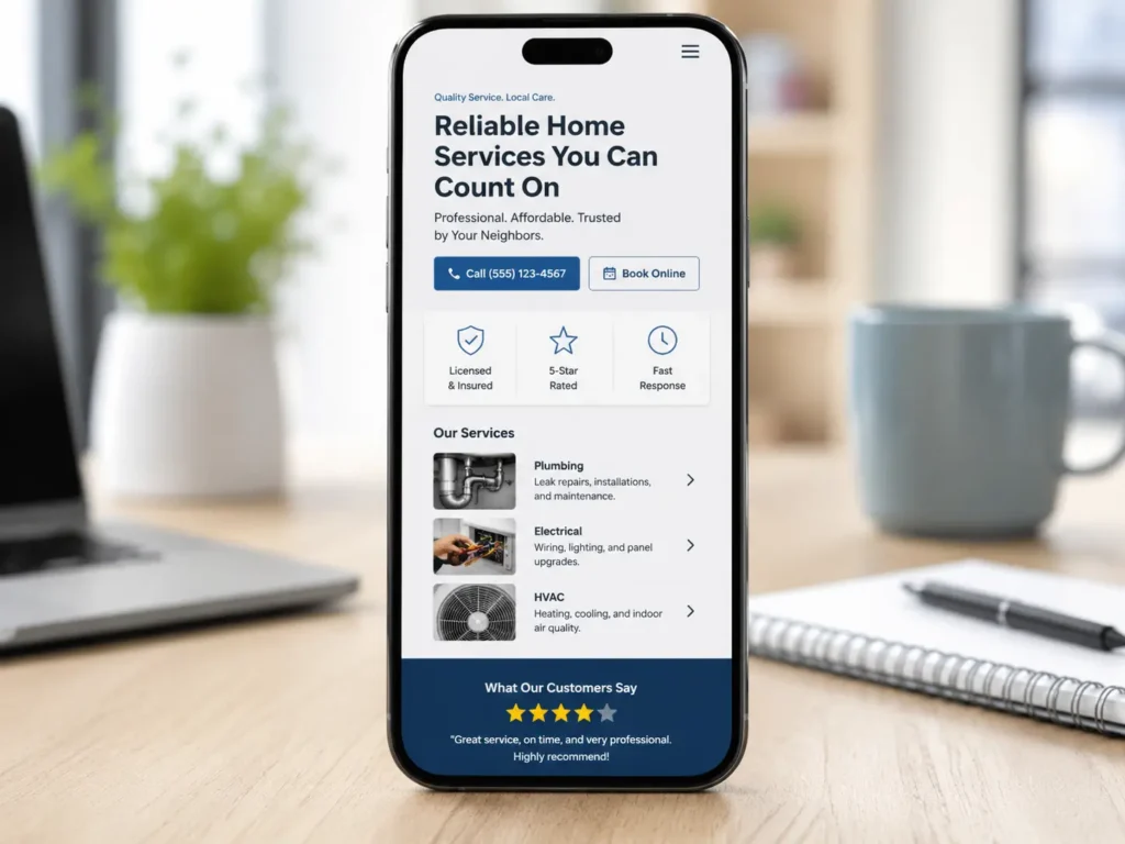 Mobile-friendly small business website displayed on a smartphone with clear call, booking, trust, and service sections for better leads.