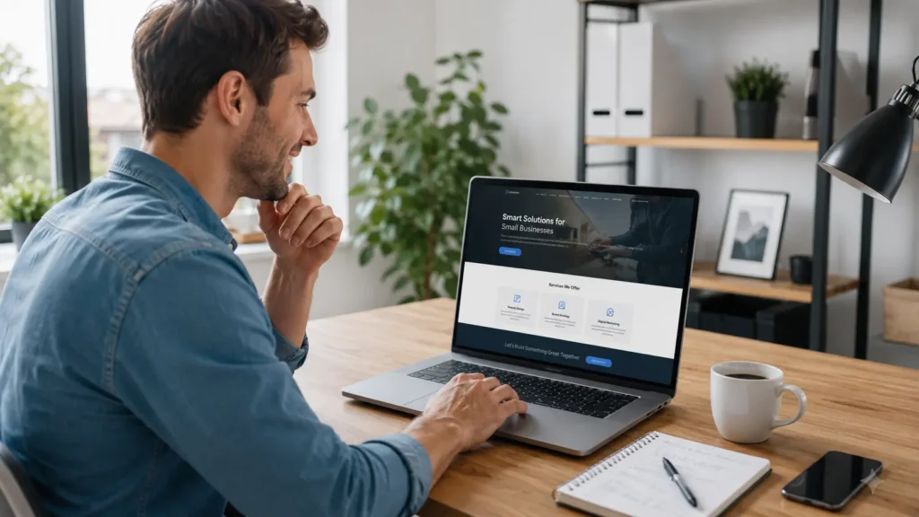 Small business owner reviewing a website mockup on a laptop with a website designer for US small business focused on leads and trust.