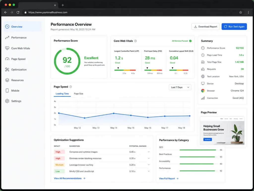 website performance dashboard showing speed test score and Core Web Vitals for a small business website