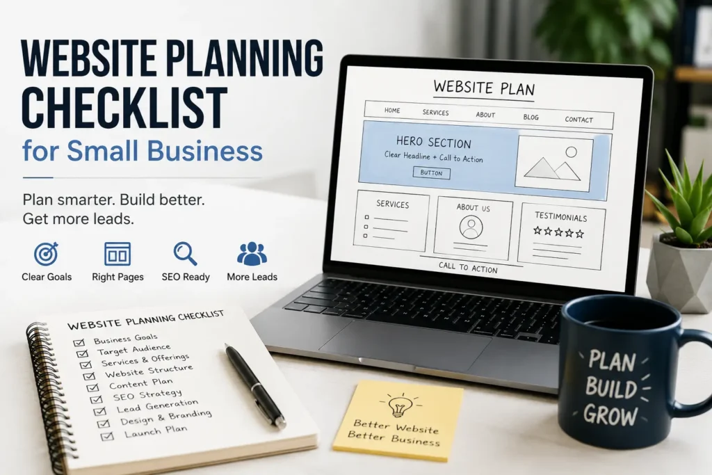 Website planning checklist for small business showing a laptop website mockup, planning notes, SEO icons, and lead generation checklist on a modern desk.