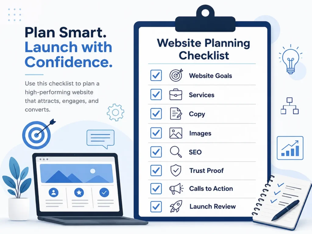 Checklist graphic for a website planning checklist for small business showing website goals, services, copy, images, SEO, trust proof, calls to action, and launch review.