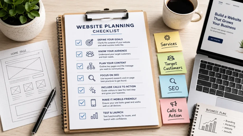 Website planning checklist with notes for services, target customers, SEO, and calls to action for small business website design.