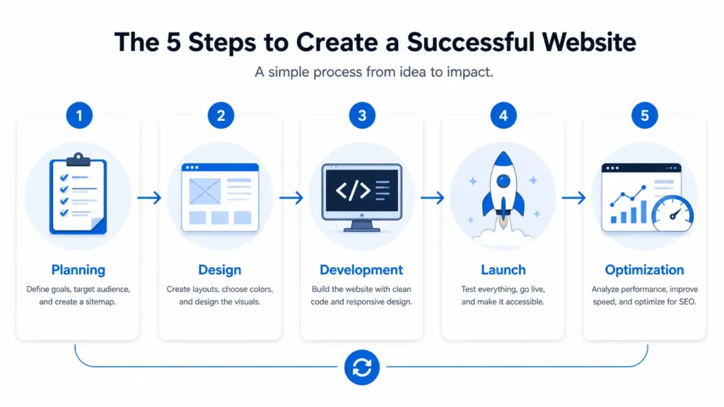 Website process image showing the five steps of elementor website design: planning, design, development, launch, and optimization.