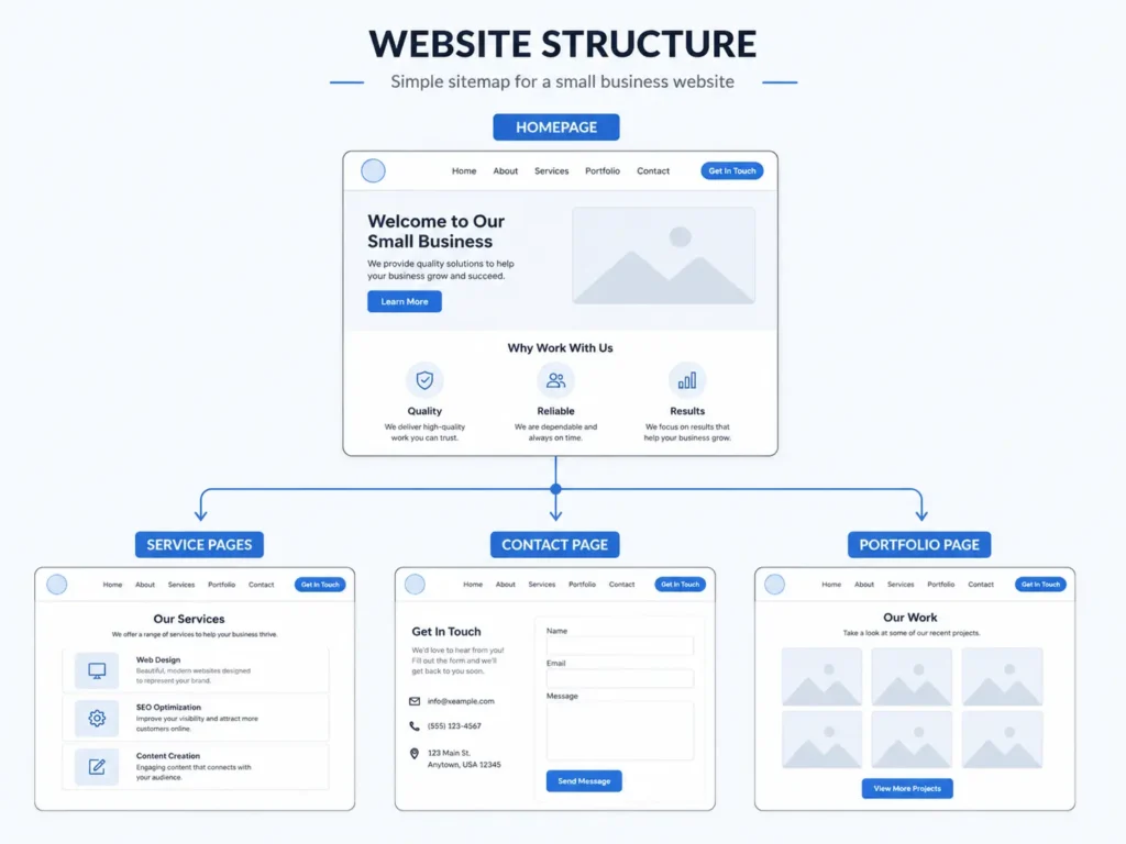 Website planning graphic showing homepage, service pages, contact page, and portfolio page for a small business web design structure.