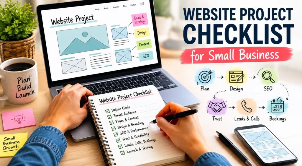 website project checklist for small business with laptop website mockup and planning notes