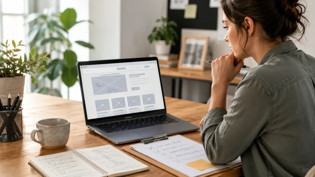 small business owner reviewing a website project checklist for small business on a laptop