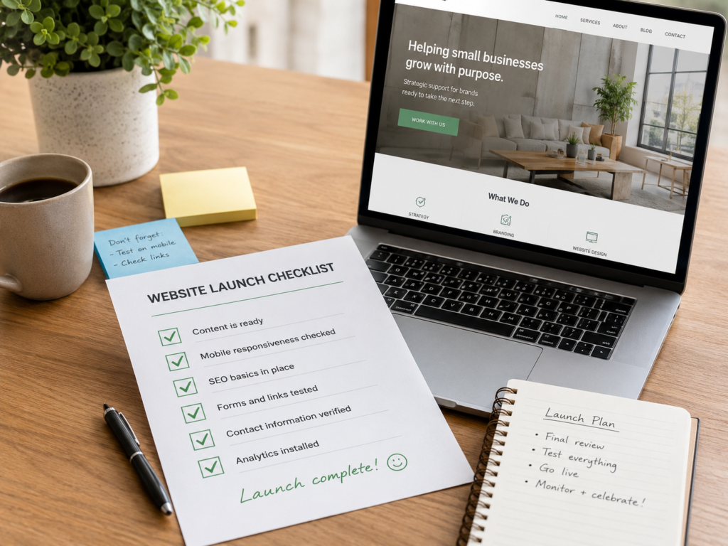 Website project launch checklist for small business showing completed content, mobile responsiveness, SEO basics, tested forms, and analytics setup.