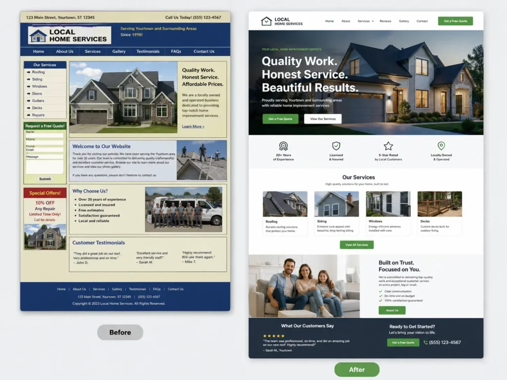 Before and after website redesign showing an outdated local business homepage beside a modern mobile-friendly version with clear service and quote buttons.
