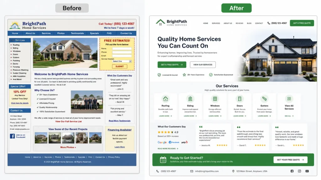 Before and after website redesign showing an outdated small business homepage improved into a clean conversion-focused design.
