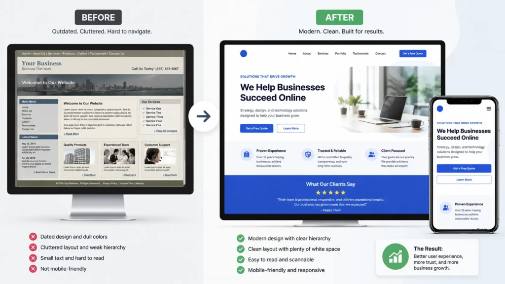 Before and after website redesign showing an outdated homepage changed into a modern mobile-friendly design for small business growth.