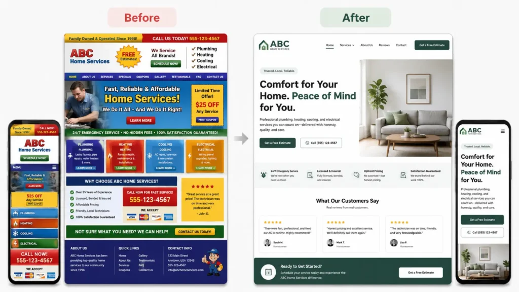 Before and after website redesign showing an outdated small business homepage beside a cleaner modern layout.