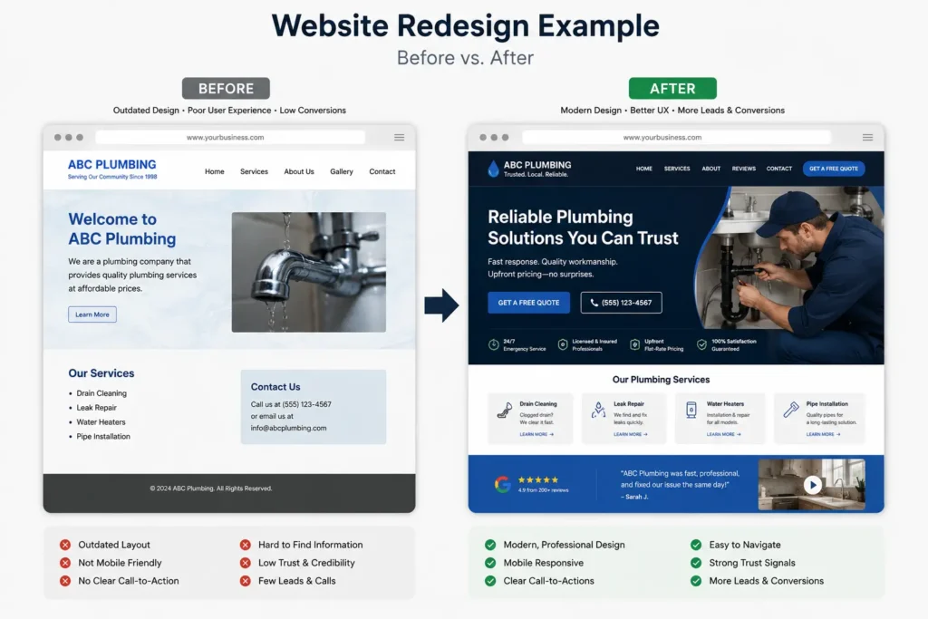 Website redesign before and after example showing how web design services improve trust, mobile usability, calls, leads, and conversions.