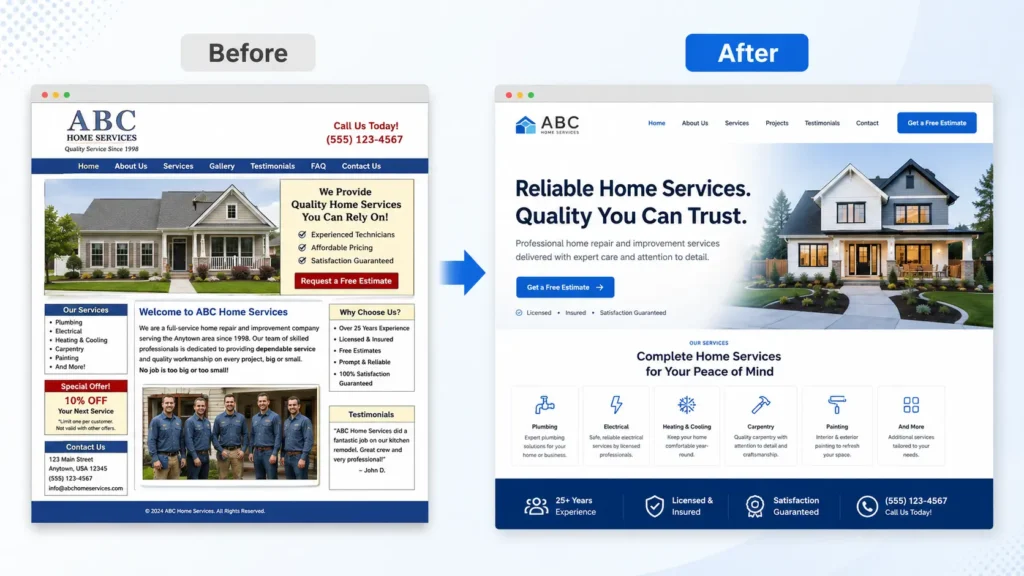 Before and after homepage mockup showing a website redesign that looks professional with cleaner layout, stronger branding, and better user experience.