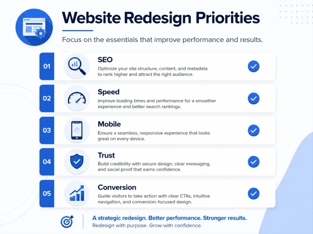 Website redesign that looks professional checklist highlighting SEO, speed, mobile design, trust signals, and conversion priorities.