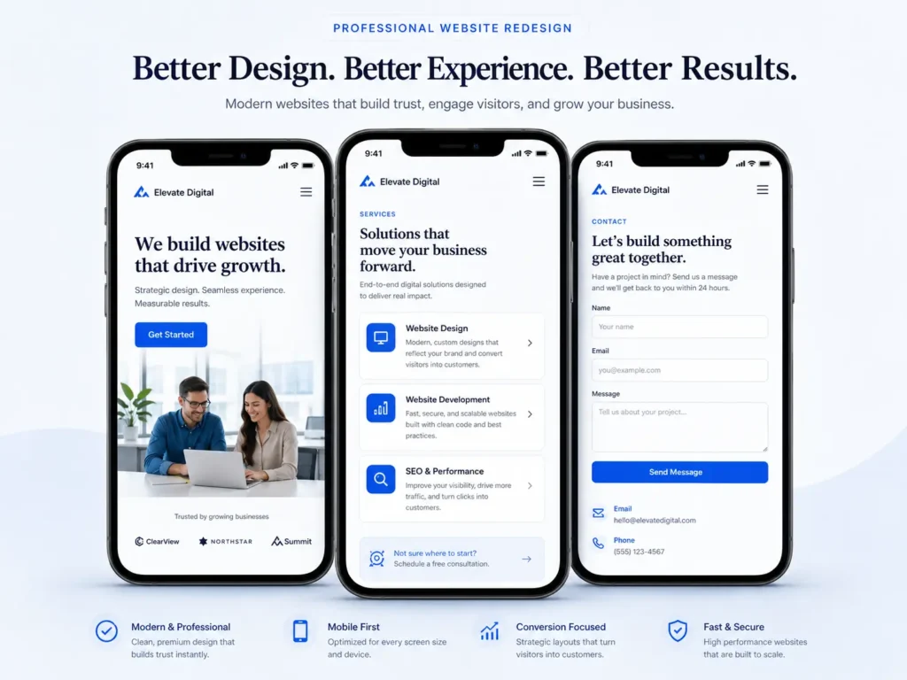 Mobile-first website redesign that looks professional showing homepage, service page, and contact form previews on phone screens.