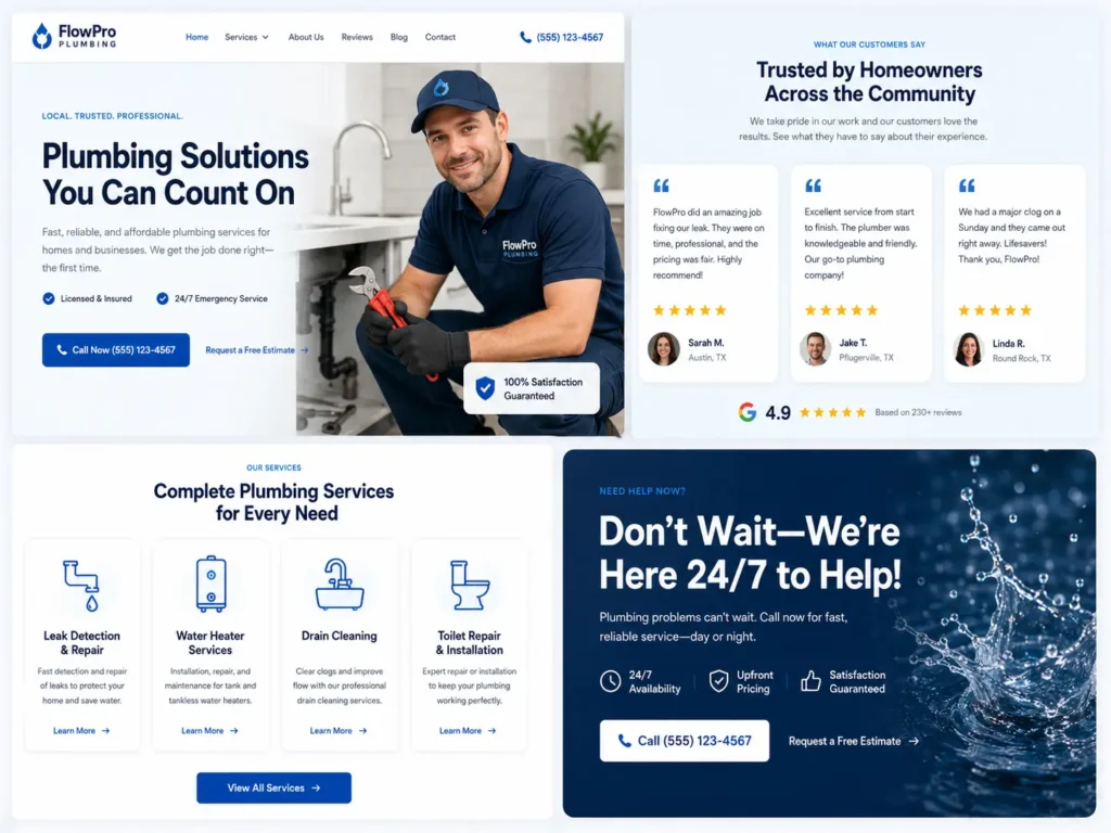 Website redesign that looks professional showing service business website sections with hero area, testimonials, service cards, and CTA block.