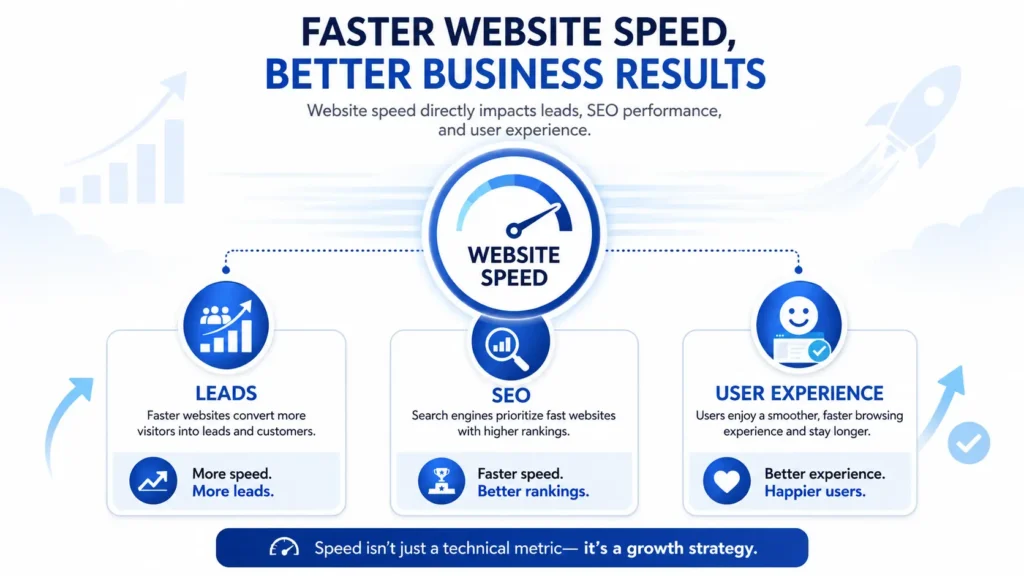 website speed graphic showing how faster loading improves leads SEO and user experience for business websites