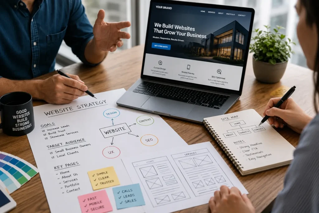 Website strategy meeting for small business web design showing notes, wireframes, and a laptop used to plan leads, SEO, trust, and conversions.