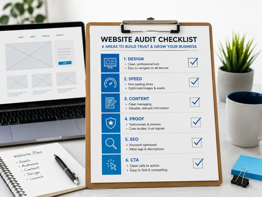 Website audit checklist for a website that builds trust covering design, speed, content, proof, SEO, and CTA sections