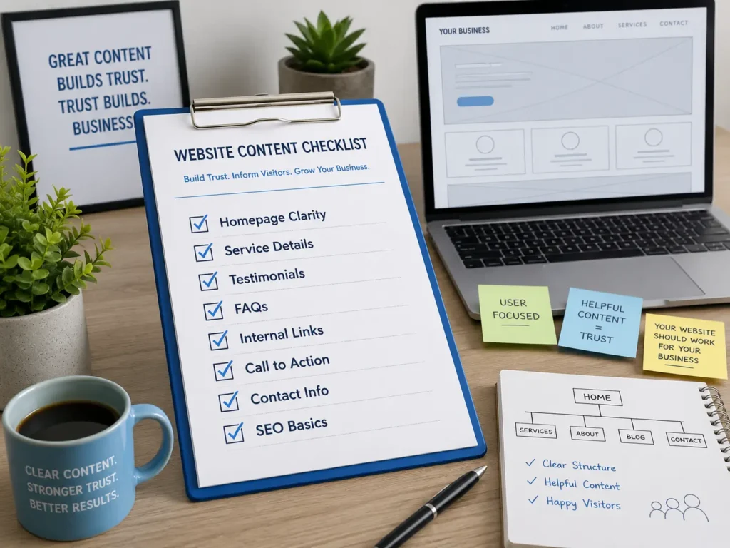 Website content checklist for a website that builds trust with homepage clarity, service details, testimonials, FAQs, internal links, and CTA items