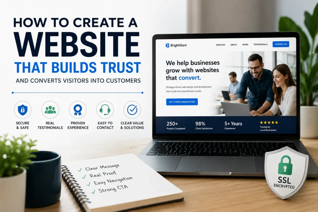 Modern laptop showing a trustworthy business website design with clear messaging, testimonials, security icons, and strong call to action