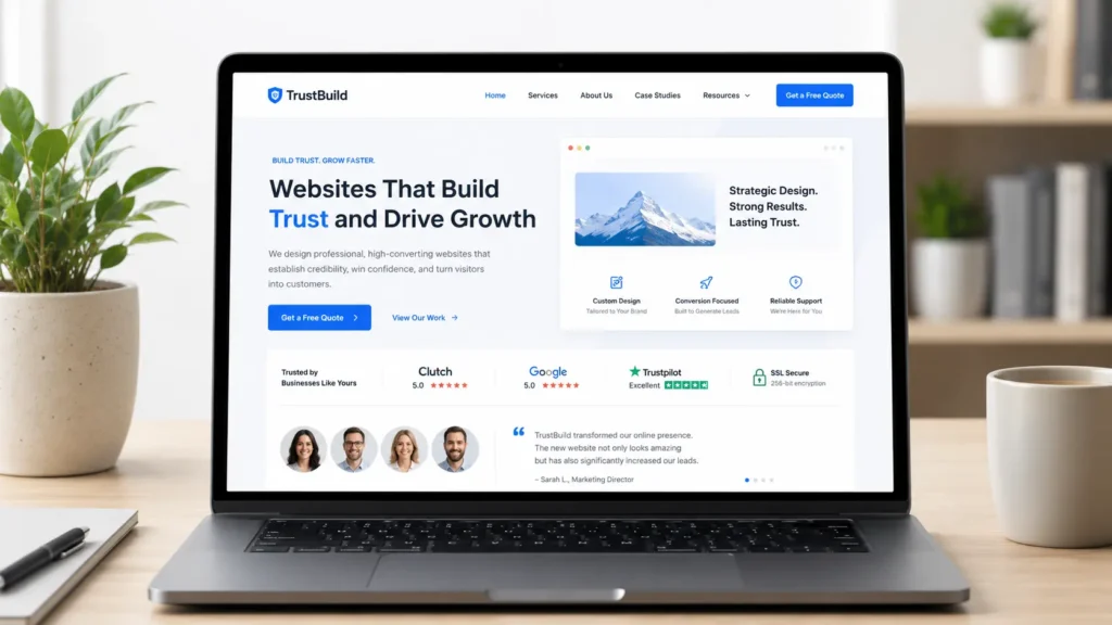 Modern laptop displaying a website that builds trust with testimonials, security badges, client photos, and a clear call-to-action button