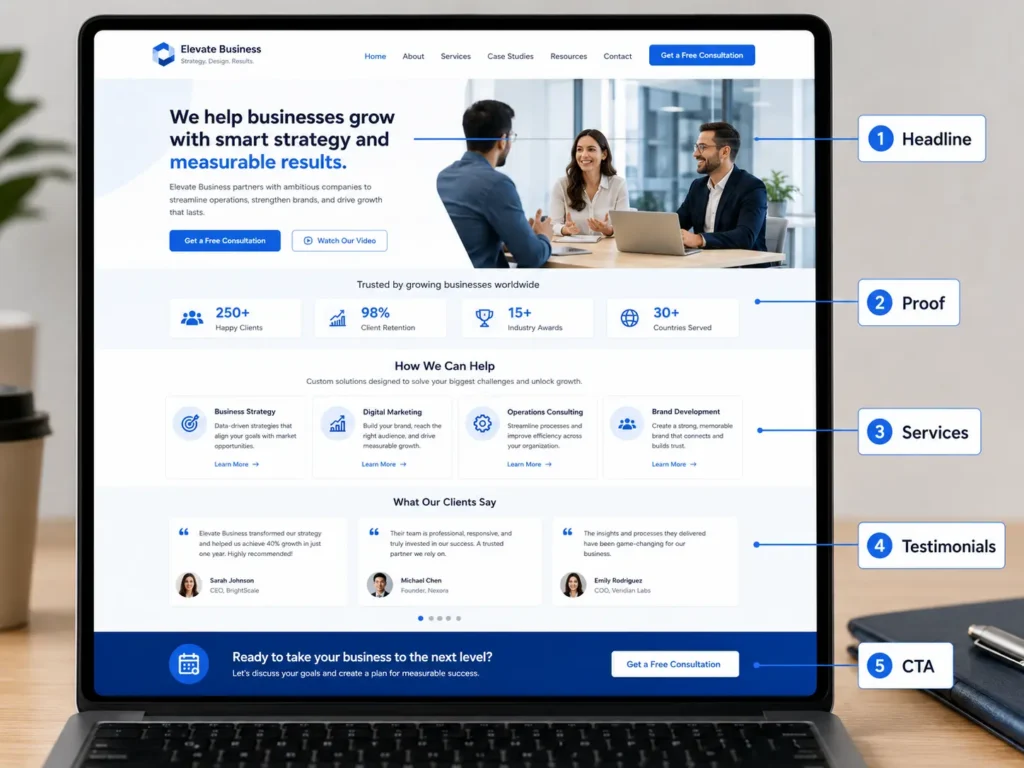 Screenshot-style homepage layout for a website that builds trust with labeled headline, proof, services, testimonials, and CTA sections