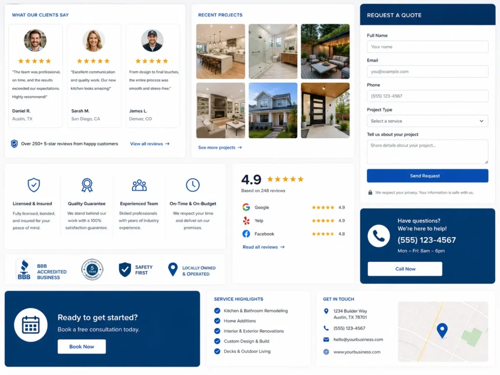 Website trust signals for small business web design showing testimonials, project photos, reviews, contact buttons, and quote forms that build credibility.