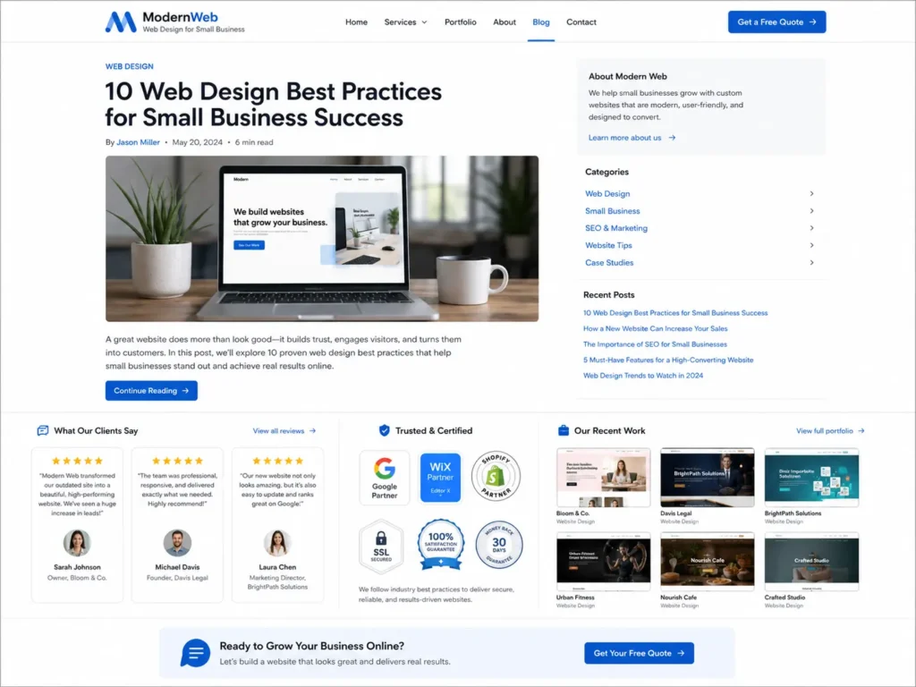 Website layout showing reviews, trust badges, and project examples that help small businesses build trust through professional web design.