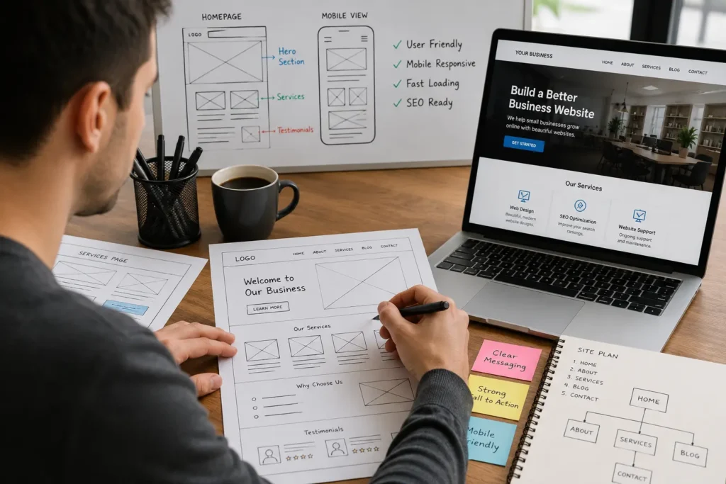 Designer planning a small business website wireframe with homepage layout, mobile view, service sections, and SEO-ready website structure.
