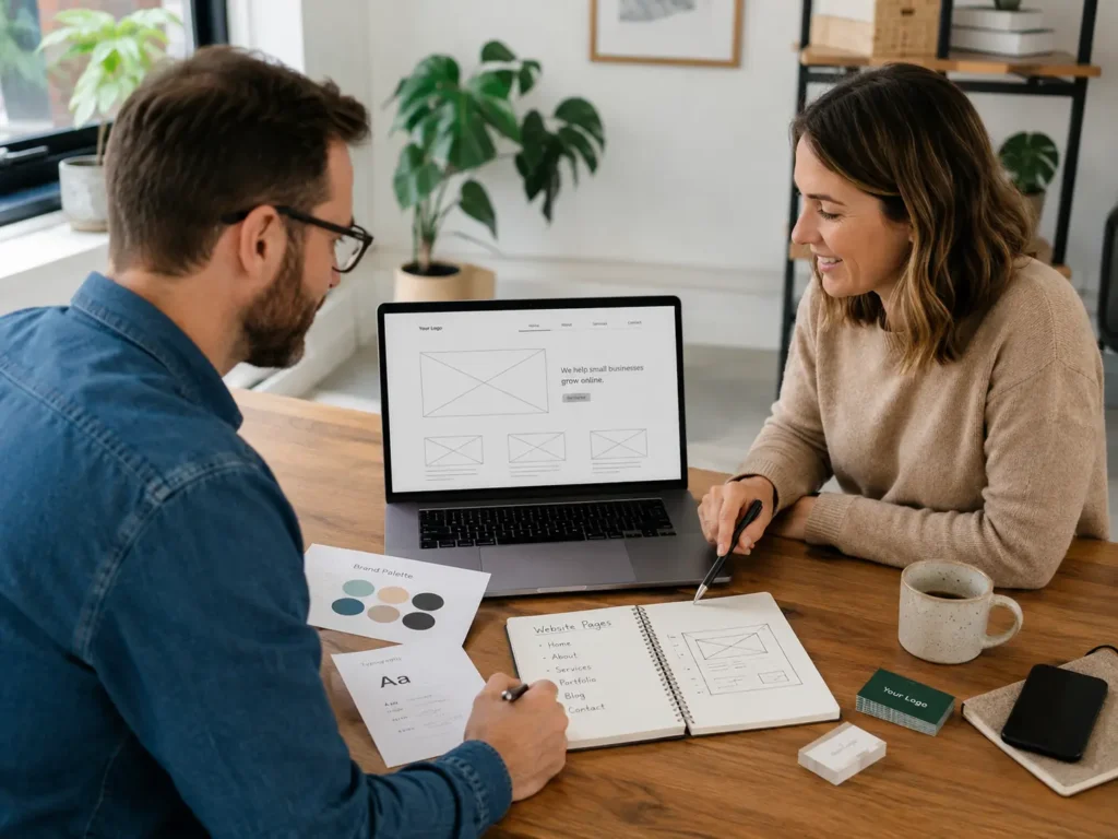 Small business owner reviewing website notes with a web designer to plan what information does a web designer need for branding, content, and SEO.
