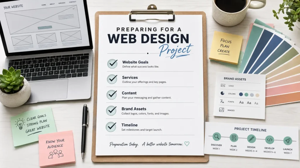 Checklist-style graphic showing what to prepare before hiring a web designer, including website goals, services, content, brand assets, and timeline.