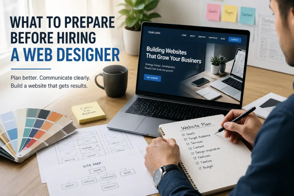 Website planning checklist on a desk showing what to prepare before hiring a web designer, including goals, content, budget, and design inspiration.