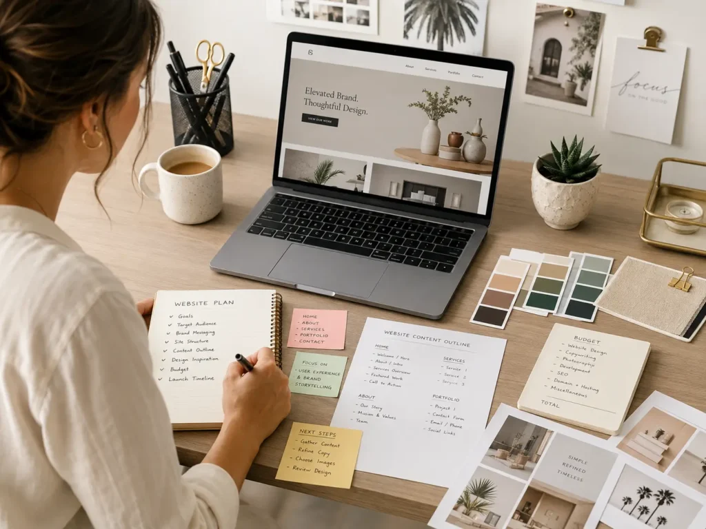 Business owner planning a website project with notes, brand colors, laptop mockup, budget, content, and design inspiration before hiring a web designer.