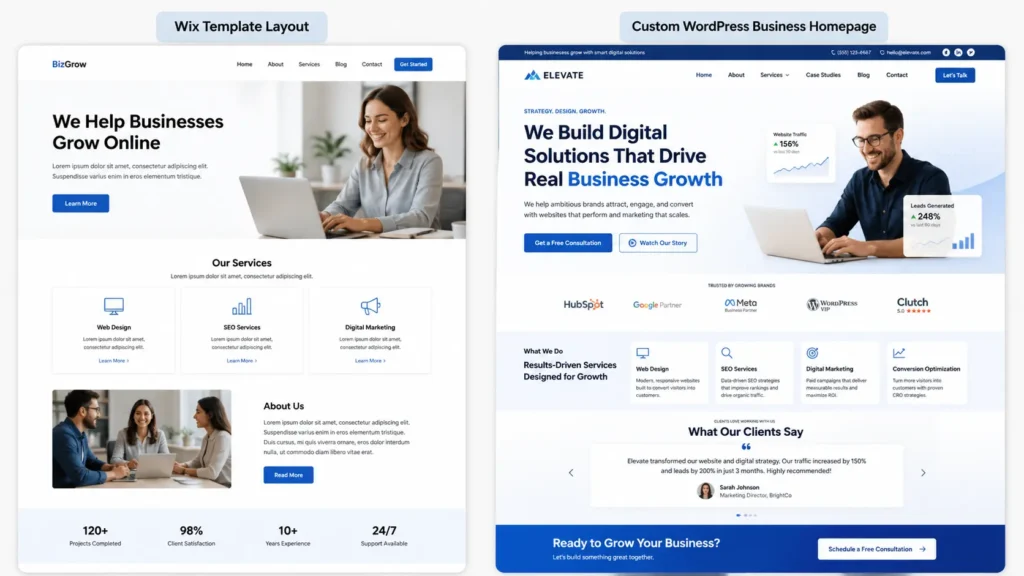 wix template layout compared with a custom WordPress business homepage for website design and business growth