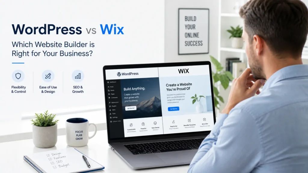 wordpress vs wix for business comparison with a business owner reviewing WordPress and Wix website options on a laptop