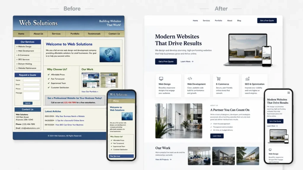Before and after website redesign showing an outdated layout beside a clean modern design by a wordpress web designer.