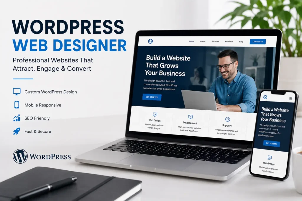 WordPress web designer creating a mobile responsive website for small business growth.