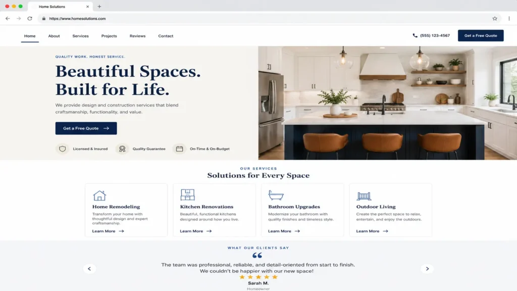 Website homepage layout example with headline, CTA button, service cards, and testimonial section for web design planning.