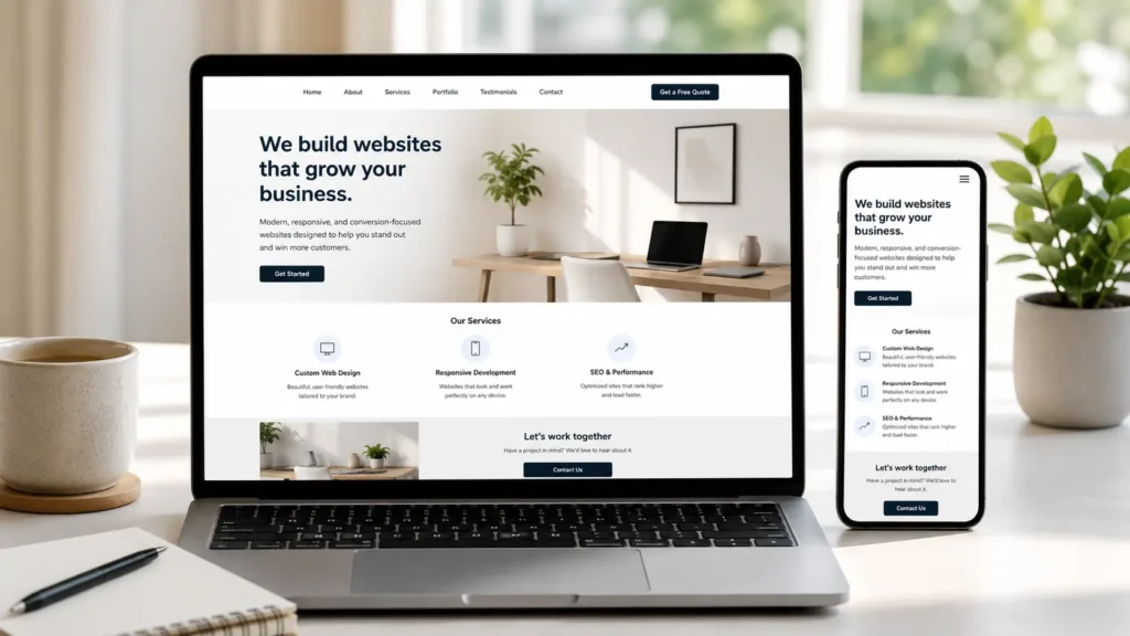Small business website mockup on laptop and phone designed by a wordpress web designer for responsive web design.