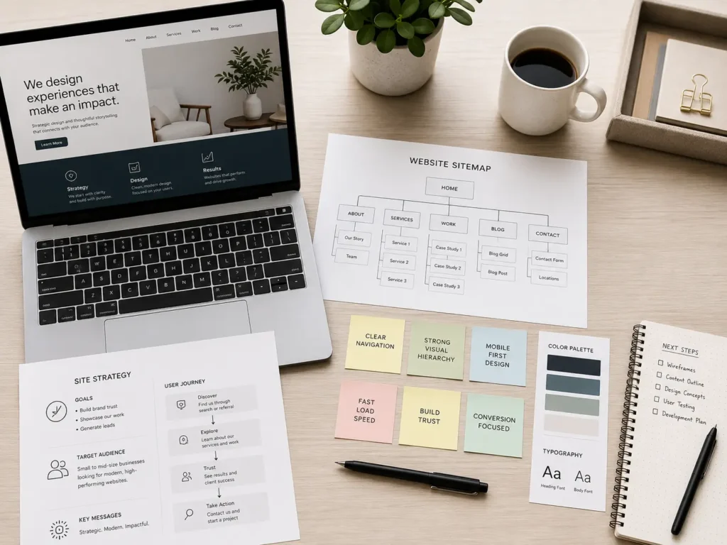 Website planning workspace with sitemap, sticky notes, laptop, and brand color palette for a wordpress web designer project.