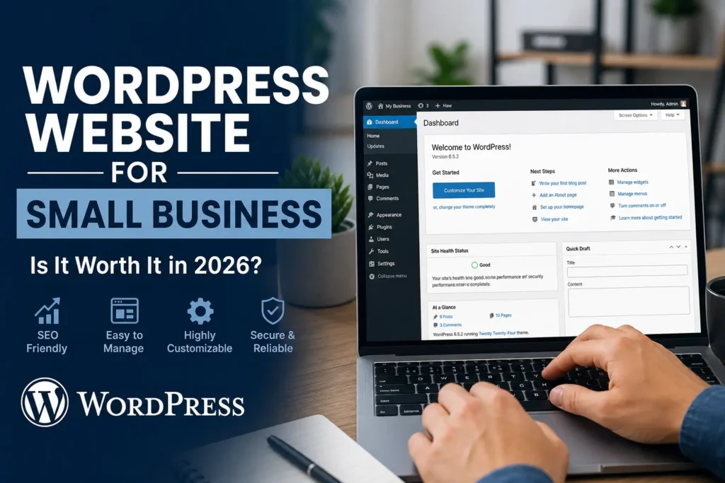 Featured image showing a WordPress dashboard on a laptop with the text “WordPress Website for Small Business,” highlighting SEO-friendly, easy-to-manage, customizable, and secure website benefits.