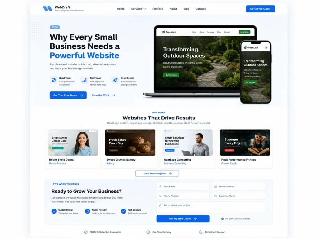 Polished small business website mockup for a wordpress website for small business showing a portfolio section, contact form, and CTA for a free quote.