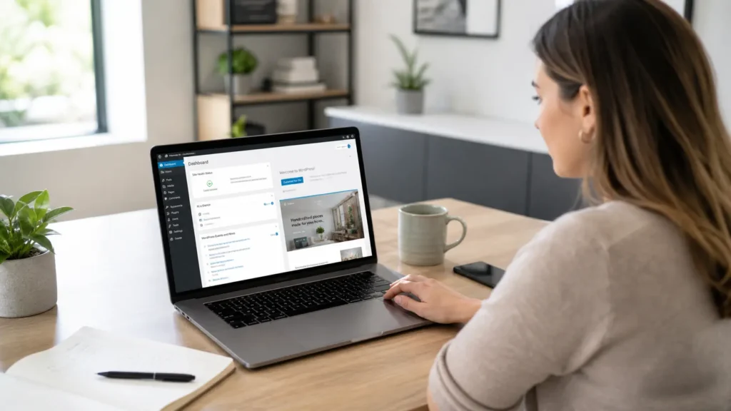 Small business owner reviewing a modern WordPress dashboard on a laptop for a wordpress website for small business.