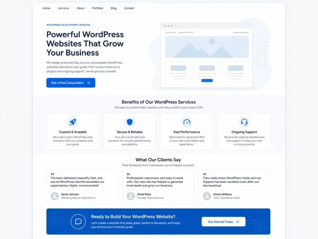 Screenshot-style WordPress service page wireframe showing a wordpress website for small business with hero section, service benefits, testimonials, and CTA.

