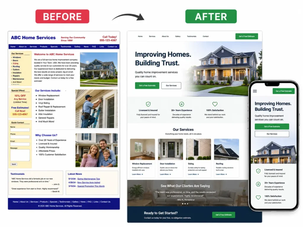 WordPress website redesign before and after for small business showing an outdated site improved into a modern mobile-friendly website for leads and bookings.