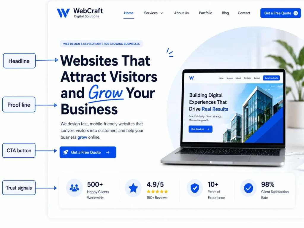 Annotated homepage hero image showing website headline examples with a clear headline, proof line, CTA button, and trust signals for small business websites.
