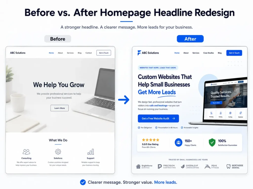 Before and after homepage headline redesign showing an unclear headline improved into a specific lead-focused headline for a small business website.